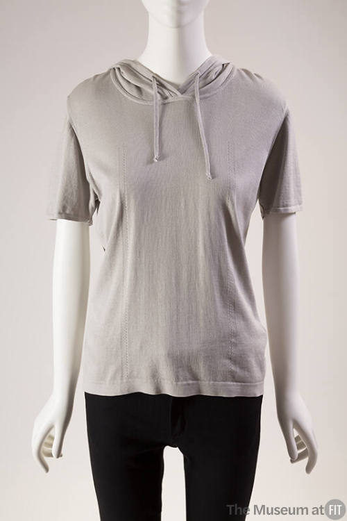 Grey cotton short sleeve hooded top with tie at neck