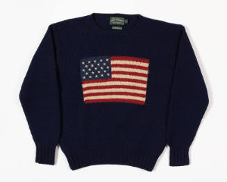 Blue knit long sleeve crew neck sweater with American Flag on front