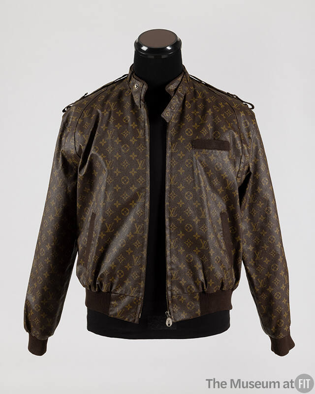 Brown Louis Vuitton monogram fabric zip front jacket with knit cuffs, slash pockets