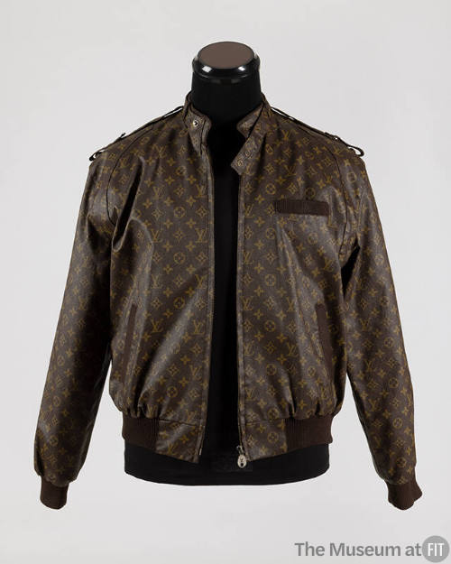 Brown Louis Vuitton monogram fabric zip front jacket with knit cuffs, slash pockets