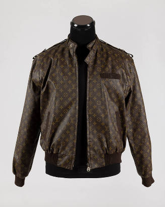 Brown Louis Vuitton monogram fabric zip front jacket with knit cuffs, slash pockets