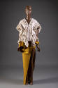 Off-white pleated ruffled short sleeve jacket and floor-length dark yellow dress with thigh-hig…
