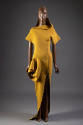 Dark yellow short sleeve floor-length dress with thigh-high slit, high back collar 