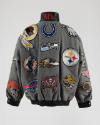Back view of varsity jacket with allover football team patches, long sleeve, black leather coll…