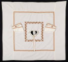 Overhead view of embroidered muslin poncho style top lying flat in a square shape with two shor…