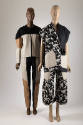 Black, off-white and tan colorblocked jacket and pants set on left and black with off-white spl…