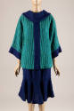 Green & turquoise tunic top with blue collar and vertical stripe, dressed with blue skirt