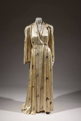 Ivory satin floor-length wrap style long-sleeved evening coat printed with butterflies