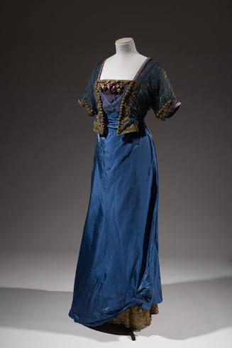 Long blue gown: sheer bodice with gold thread embroidered design, short kimono sleeve, mock bol…