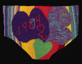 Red, green, blue and yellow embroidered underwear with stripes and hearts