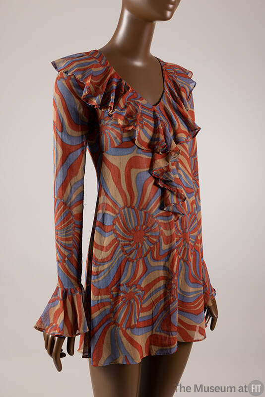 Rust brown, tan, and blue abstract floral and longsleeve mini dress, self-ruffle V-neck and at …