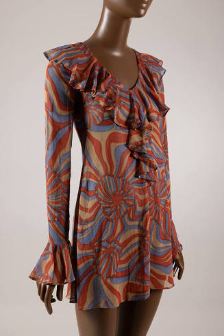 Rust brown, tan, and blue abstract floral and longsleeve mini dress, self-ruffle V-neck and at …