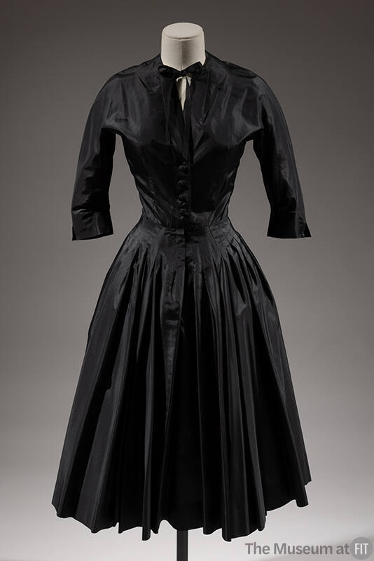 Black silk 3/4 sleeve dress with button front bodice with neck tie, knee-length full gathered s…
