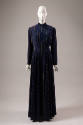 Blue floor length evening coat with vertical metallic gold and copper stripes and flap opening …