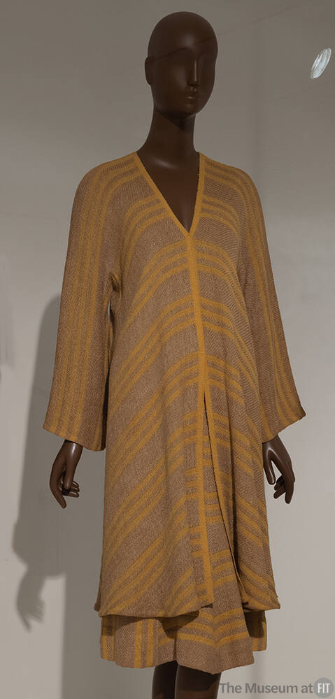 Yellow and tan stripe clutch coat with matching knee length skirt