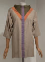 Brown heathered tunic with purple and pink stripe down the middle and orange V at bust