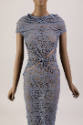 Grey short sleeve maxi dress with cowl neck, allover cutouts and knot detail in center bodice