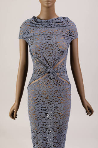Grey short sleeve maxi dress with cowl neck, allover cutouts and knot detail in center bodice