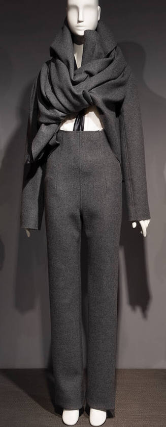 Grey wool long sleeve wrap jacket with high collar and matching high waist pants