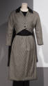 3/4 sleeve, knee length gray dress with buttons and black collar detail