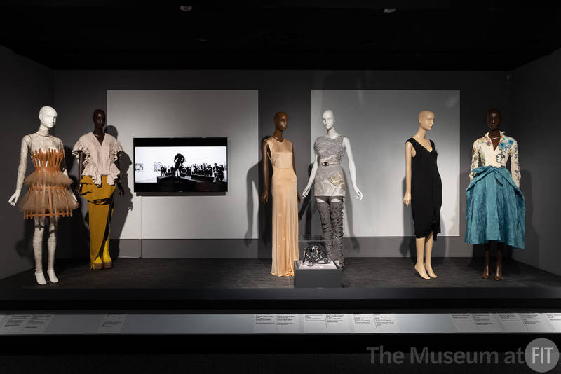 Installation view of the “Art” section of ¡Moda Hoy! Latin American and Latinx Fashion Design Today, featuring designs by Jorge Duque (2022.82.1), Rick Owens (2021.40.1 & 2022.68.1), Francisco Costa (2008.42.1), Andreia Chaves (2013.47.1), Rodarte (2009.53.2), Maria Cornejo (2022.37.4), and Isabel Toledo.