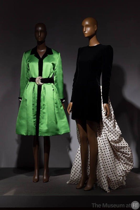 From left to right: Cocktail dresses by Oscar de la Renta (2005.71.3) and Carolina Herrera (2005.48.8) on view in the exhibition ¡Moda Hoy! Latin American and Latinx Fashion Design Today.