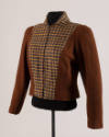 Short brown jacket with tapered waist, yellow, green, red and brown checked front yoke, Peter P…