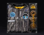 Front of clear plexi B.A.S.E.C. Rocket Fuel box containing silver jacket and four wood top jars
