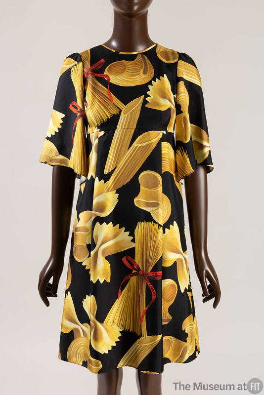 Black silk 3/4 sleeve dress with dress with yellow penne, farfalle, macaroni and spaghetti past…
