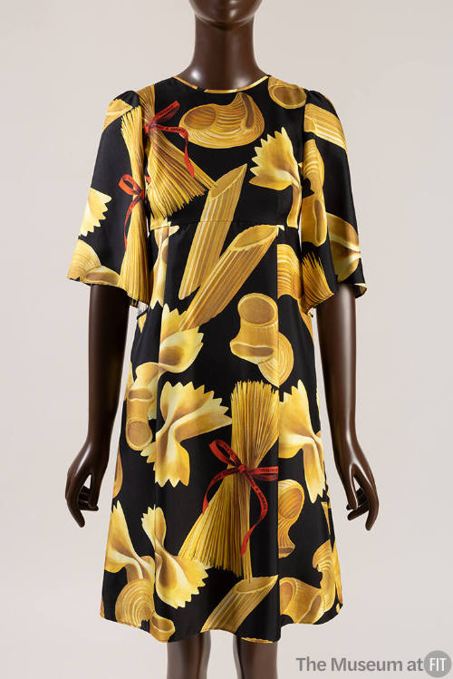Black silk 3/4 sleeve dress with dress with yellow penne, farfalle, macaroni and spaghetti past…