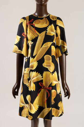 Black silk 3/4 sleeve dress with dress with yellow penne, farfalle, macaroni and spaghetti past…