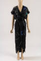 Black silk dress with blue, green, and copper Art Deco bugle beading, deep V neckline, cap slee…