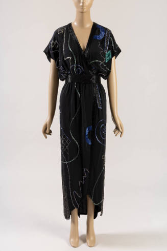 Black silk dress with blue, green, and copper Art Deco bugle beading, deep V neckline, cap slee…