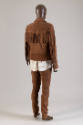 Back view of man’s brown suede ensemble showing fringe across back seam and down arms of motorc…