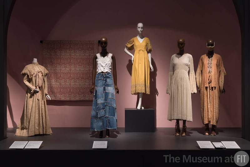 Food & Fashion Left to right: 77.212.3 (cream tea gown); P85.94.1 (wall textile); 2016.20.2 (camisole) and 2016.20.5 (denim skirt); 2021.42.1 (yellow dress); Mimi Prober, ensembles dyed with avocado and pomegranate, spring 2021, Lent by Mimi Prober