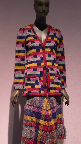 Multicolored (yellow, red, pink, black, grey, and purple) cardigan with rectangle patterns and …