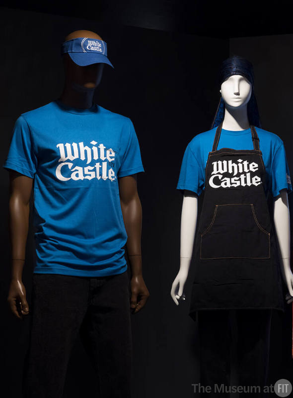 Blue visor, t-shirt and black apron with white White Castle logos