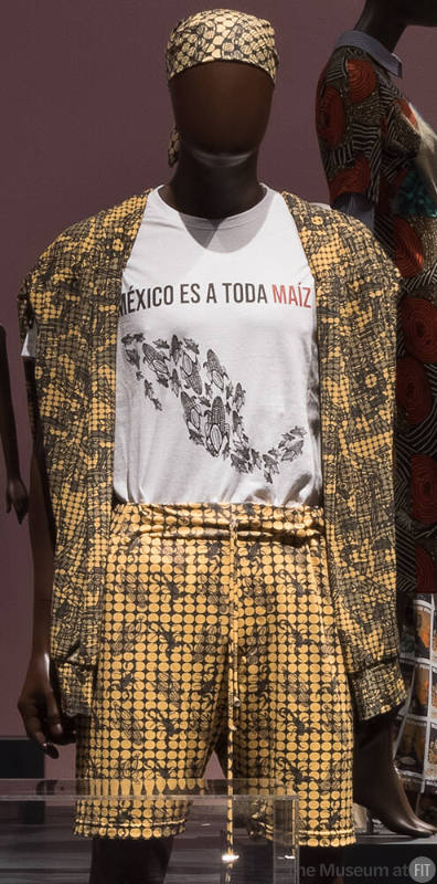 Grey and yellow corn print long sleeve top, shorts and white t-shirt with Mexico Es A Toda Maiz…