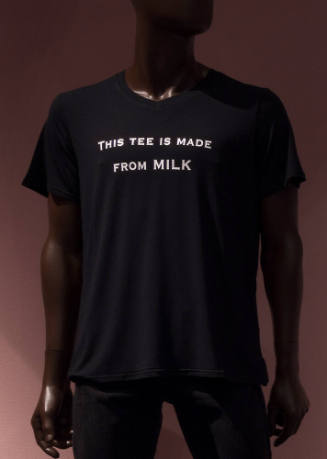 Black short sleeve  t-shirt with This Tee Is Made From Milk in white lettering across front