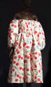 White with red and green cherry and blue flower print off-the-shoulder dress, ¾ puff sleeves an…