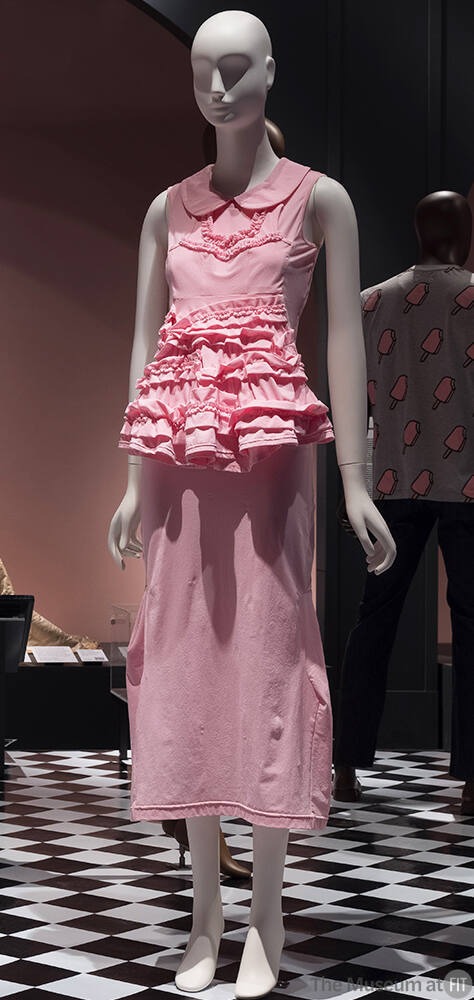 Pink sleeveless ankle length dress with ruffled front panel 