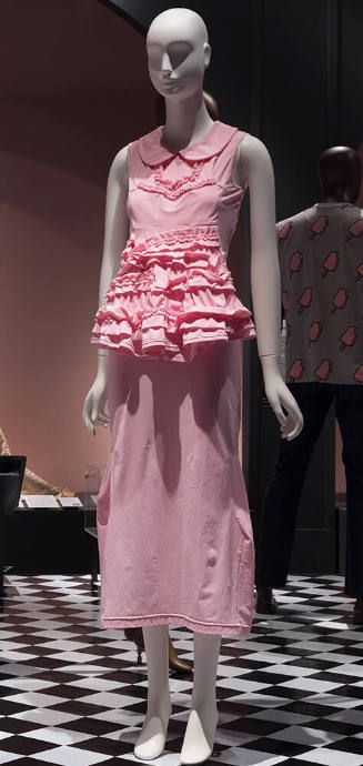Pink sleeveless ankle length dress with ruffled front panel 