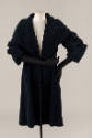 Dark blue velvet wrap coat with high stand shawl collar, matching gloves

