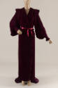 Dark red velvet long sleeve floor length robe with train, wide lapels and silk ribbon waist tie