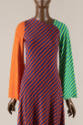 Long sleeve dress with striped color blocked sections of green and blue right arm, yellow and o…