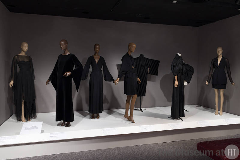 Fundamental Forms. From left to right: dress by Madame Grès, 1978 (Angel Wing, 86.69.11); dress by Yves Saint Laurent, c.1968 (Bell, 2022.65.15); dress by Ossie Clark, c.1970 (Bishop, 94.111.1); dress by Ann Demeulemeester, fall 2001 (Batwing, 2002.17.1); man’s robe, circa 1925 (Kimono, 90.190.15); evening coat by Vionnet, 1938 (Lantern, P86.31.3); jacket, c.1895 (Leg-of-mutton, 91.20.3); suit by Fendi, c.1993 (Raglan, 2014.21.2).