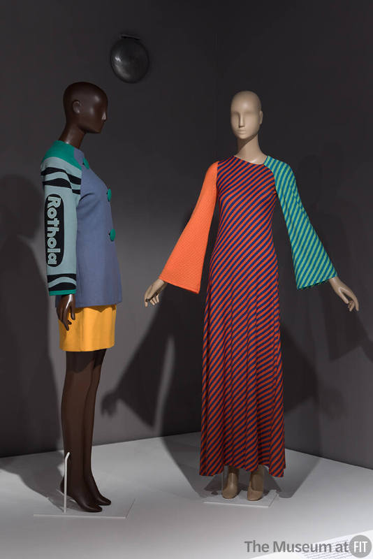 Two styles from the Asymmetrical & Mismatched section of the exhibition: a fall 1990 suit by Christian Francis Roth (left, 2020.40.1) and a c.1973 dress by Stephen Burrows (right, 2016.32.4).
