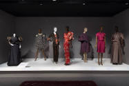 Statement Sleeves exhibition installation view of seven dressed mannequins in the Puffs and Fol…