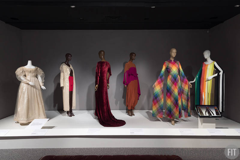 Sheer and Split. From left to right: ballgown, c.1830 (2007.12.4); jacket by Comme des Garçons, fall 1997 (2010.1.40); hostess gown, circa 1931 (74.93.3); ensemble by Louis Vuitton, spring 2011 (2022.21.15); dress by Pauline Trigère, c.1970 (86.31.3); dress by Christopher John Rogers, 2021 (2023.39.1).