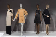 Statement Sleeves exhibition installation view of four dressed mannequins in the Embellishments…